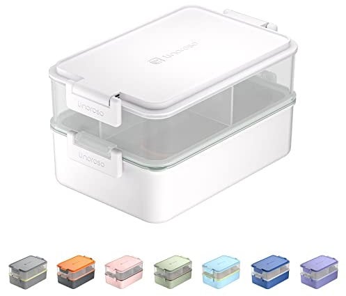 linoroso Bento Lunch Box for Adults with 3 Compartments Lunchbox with Sauce Container and Utensils, Bento Boxes for Microwave and Dishwasher Plastic BPA-Free As Sandwich Snack Salad Box - White