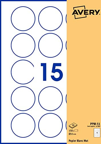 AVERY 150 etichette adesive rotonde personalizzabili, stampabili, 51 mm, carta bianca