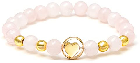 MILAKOO bracelet quartz rose femme bracelet pierre naturelle femme bracelet pierre gemme 8mm coeur acier inoxydable doré