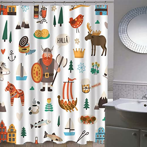 Duschvorhang 200x200 Duschvorhang Set Cartoon Wikinger Duschvorhang mit Gewicht Saum Duschvorhang Stoff Waschbar Badezimmer Vorhänge