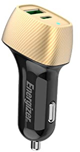 ENERGIZER - Chargeur Voiture 38 W - 1 Port USB-C & 1 Port USB-A - Chargeur Allume-Cigare - Design Carbone - Doré D38