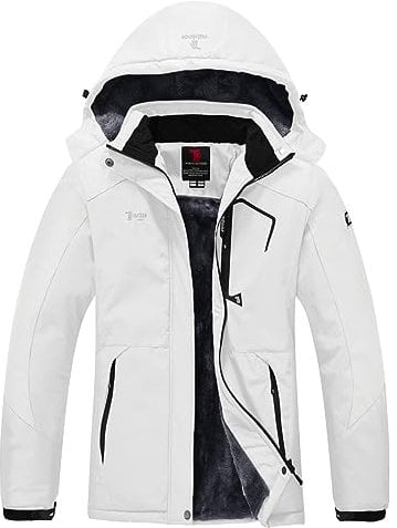 YSENTO Damen Winterjacke Wasserdicht Skijacke Outdoor Softshelljacke Warm Fleecejacke Funktionsjacke mit Abnehmbarer Kapuze(Weiß,M)