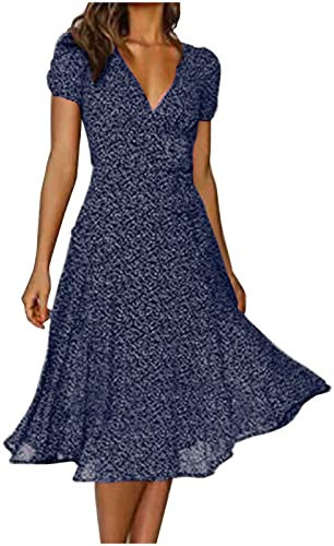 Sommerkleid Damen Kurzarm Strandkleid Blumenkleid Boho Kleid V Ausschnitt Elegant Blumen Kleider Freizeitkleid A Linie Lang Maxikleider Sommer Strand Frauen Festlich Cocktail Partykleid (Navy, XL)