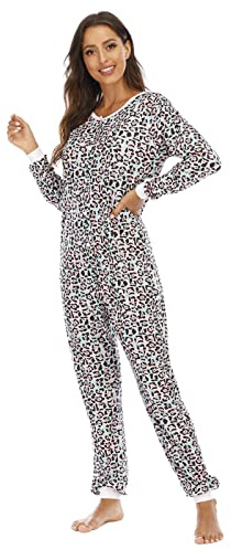 QIYUANT Damen Jumpsuit Onesie Pyjama Sanft Schlafanzug Einteiler Strampler Lang Button-Down Overall Langarm Frühling Herbst Winter Weihnachten Nachtwäsche Homewear
