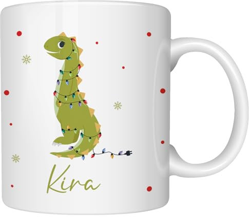 Personalisierte Weihnachts- Tasse mit Namen und Merry Christmas | Schönes Geschenk beim Wichteln oder als Nikolausgeschenk für Kinder, Tierliebhaber (Weihnachten Dino, Keramik)