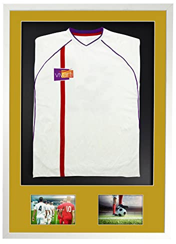 Vivarti DIY Adult 3D Mounted + Double Aperture Sports Shirt Display Frame for Football Shirt, Rugby Shirt, Band T-Shirt Shadow Box - 61 x 91.5cm - White Frame, Gold Mount, Black Backing Card