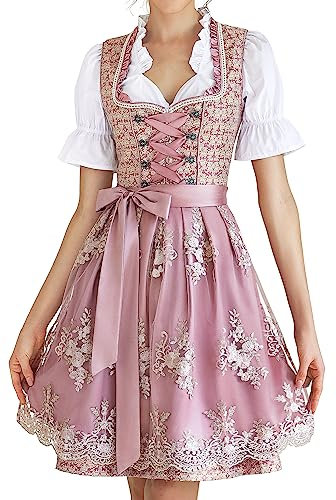 Dirndl Damen Midi Trachtenkleid inkl. Trachtenrock Dirndlbluse Dirndlschürze für Oktoberfest Pink 48