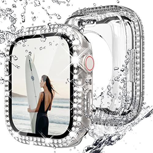 NewWays Custodia impermeabile per Apple Watch da 44 mm, protezione schermo SE (2020/2022) Series 6 5 4, copertura scintillante per iWatch 44 mm, trasparente