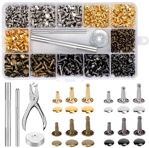 364 Rivets en Cuir Set,Double Casquette Rivet Couture,3 Tailles Double Rivet Couture,Bouton Snaps Cuir avec outil de réglage et boîte de rangement pour réparation du cuir, 2 Pièces Outil de Fixation