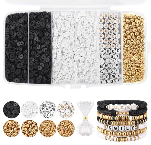 Funtopia White Black Clay Beads Bracelet Making kit, Heishi Polymer Clay Beads for Jewelry Making, Friendship Bracelet Kit with Gold Bead Alphabet Letter Bead for Girls Adults (6mm)