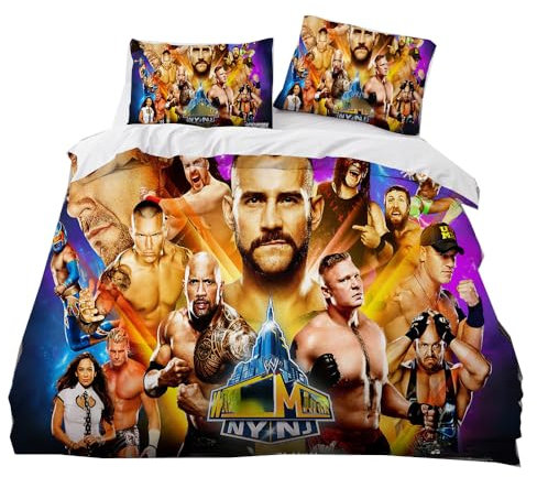 SENTUBILA WWE World Bettwäsche-Set Für Kinder,bettbezug,echtes Wrestling-Schlafzimmer-RoRumble Bettdeckenbezug Für Kinder,Wrestling-Fan (B,155x220cm+80x80cm)