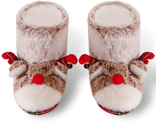 Dream Bridge Girls Booties Christmas Kids Slippers Boots Reindeer Elk Animal Warm Plush Fluffy Ankle Booties,Grey,12/13 UK Child,Size L