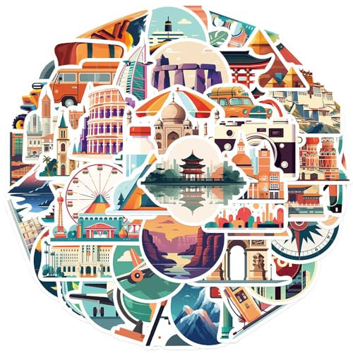 Stadt Reisen Aufkleber Stadt Reisen Sticker Set 50 Stücke Niedlich Deko für Auto Laptop Skateboard Fahrrad Moped Motorrad Fahrrad Computer,Geeignet für Erwachsene Kinder