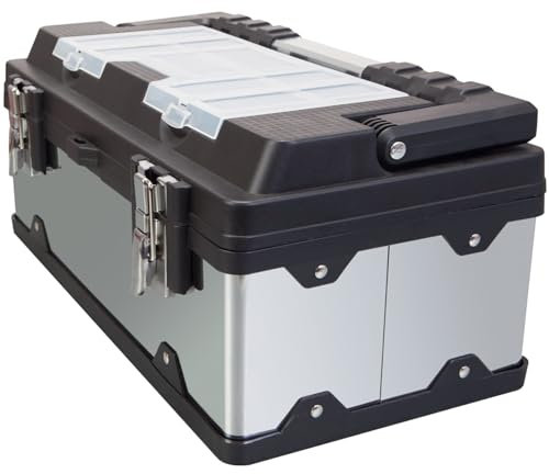 ROAD DAWG A5519BD-1 Torin 18 Stainless Steel Portable Storage Tool Box Organizer: Metal Lock, Clear Lid Compartments and Removable Tray - Stainless Steel/Black