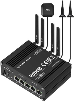 Teltonika RUTM50 Cellular Router, 5G, 4G LTE Cat 19, FCC, PTCRB and Giteki certified, Dual SIM, Wi-Fi 5, 5x Gigabit Ethernet Ports, VPN Support
