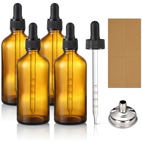 4 Pack, 100ml Dropper Bottles with 2pcs Glass Pipettes(1ml) - Essential Oils Bottles for Health, Personal Care & Beauty - 3.4oz Thick Dark Amber Glass Tincture Bottle with Eye Droppers, Leakproof