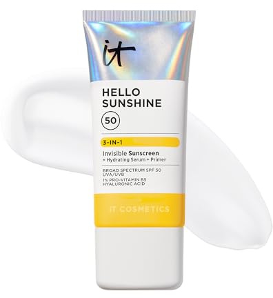 IT Cosmetics Hello Sunshine Invisible Sunscreen for Face SPF 50 - Sunscreen, Hydrating Serum & Makeup Primer - 1% Pro-Vitamin B5 & Hyaluronic Acid - HSA/FSA Eligible - No White Cast - 1.69 fl oz