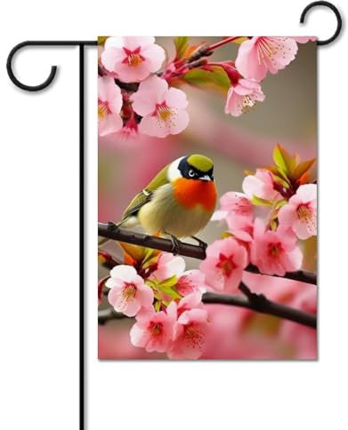 Gartenflagge, 30,5 x 45,7 cm, Willkommensflagge für draußen, Frühling, Sommer, saisonale Hausflagge, Vogel im Pfirsichbaum, doppelseitige Outdoor-Flagge, personalisiertes Banner für Urlaub,