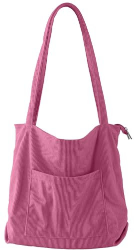 ZhengYue Corduroy Women Tote Bag Large Cord Shoulder Bag with Zipper and Pockets Large Capacity for College School Work Travel Shopping Travel Daily Use Pink