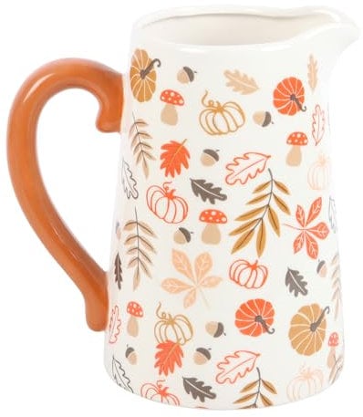 Pichet rustique en céramique pour fleurs d'automne : décor saisonnier avec motif feuilles et citrouilles – Parfait pour les thèmes de récolte – Améliorez vos fleurs d'automne