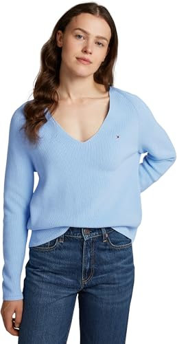 Tommy Hilfiger Damen Pullover Cardi Fine V-Ausschnitt, Blau (Vessel Blue), XS