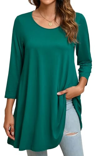 Enmain Blusa Donna Elegante 3/4 Manica Taglie Forti Maglietta a Maniche Lunghe Tunica Verde Maglia Lunga da Donna per Leggings in Tinta Unita XXL