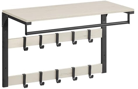 VASAGLE Wandgarderobe, mit Ablage, Wandregal mit 10 abnehmbaren Haken, Hängeregal, Wandmontage, 2 Garderobenleisten, Kleiderstange, für Flur, Schlafzimmer, Badezimmer, vintageweiß-schwarz LCR101W03
