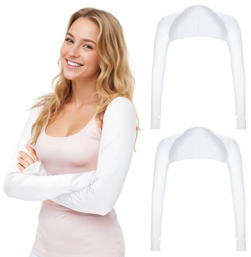 2 Stück UV-Schutz Bolero Damen Sonnenschutz Schal Armstulpen Eisseide Kühlschal Armmanschetten mit Fingerlöchern Fingerlose Handschuhe Ärmel (Weiß)