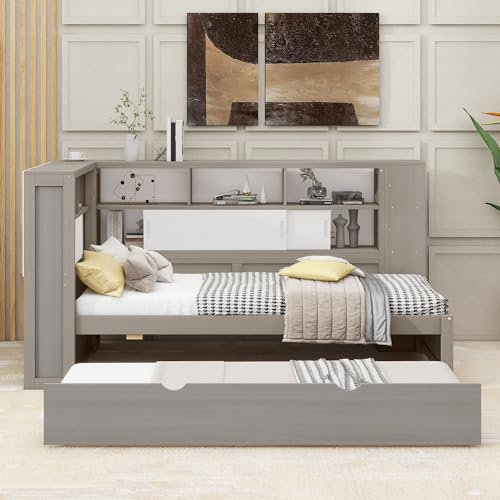 Ctastay Kinderbett Einzelbett 90x200 mit USB-Anschluss, Bett Jugendbett Holzbett mit Stauraum Staufach & Ausziehbares Rollbett, Familienbett Gästebett Tagesbett mit Lattenrost, Ohne Matratze (Grau)