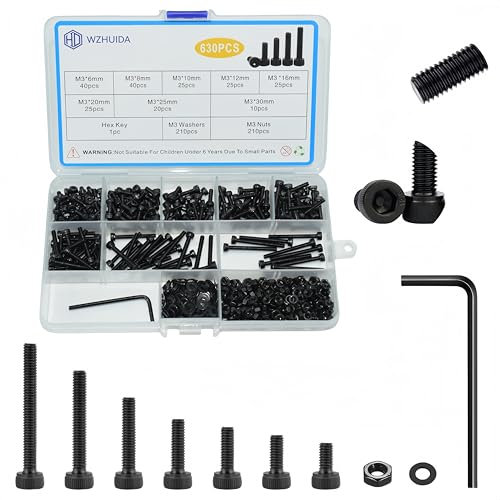 WZHUIDA 630 Stück M3 Schrauben Set, Schwarz Metrisch Zylinderkopfschrauben Innensechskant Schrauben Muttern und Unterlegscheiben Sortiment Set, Gewindemaschinen Sechskantschrauben