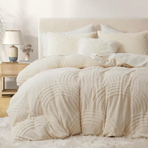 Sedefen Flauschig Bettwäsche 135x200 4Teilig Beige,Flauschig Fleece Sherpa Winterbettwäsche mit Getuftet Geometrisch,Cashmere Touch Warme 2 Bettbezug und 2 Kissenbezug 80x80 mit Reißverschluss