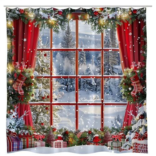 Merry Christmas Shower Curtain, Winter Xmas Wreath Snow Scene, 70X70 Inch