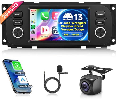 2G+64G sans Fil Carplay Android Autoradio pour Jeep Grand Cherokee Wrangler Liberty Chrysler Grand Voyager 300M PT Cruiser RAM 1500 2500 5 Pouces Autoradio Android Auto Navi GPS WiFi Bluetooth FM/RDS