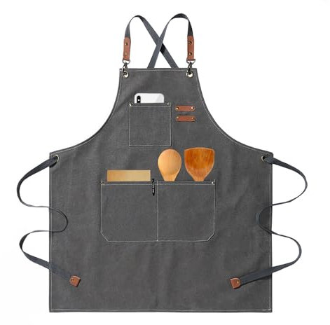 HIUOUIH Delantal Cocina Hombre Barbacoa Delantal de Trabajo Mujer con 3 Correa Ajustable y Bolsillos Delantales de Lona para Cocinar Hornear Jardinería Camarero, Gris