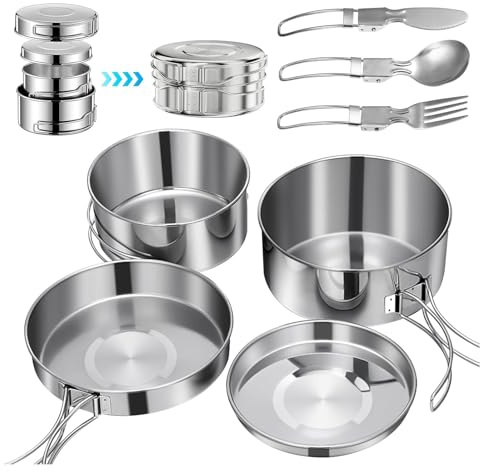 Camping Kochgeschirr Set (5+3) Für 2-3 Personen,Tragbare Outdoor Camping Topf (900ml + 600ml), Faltbar Und Stapelbar, Topfset Edelstahl Kochtopfset für Gaskocher und Campingkocher