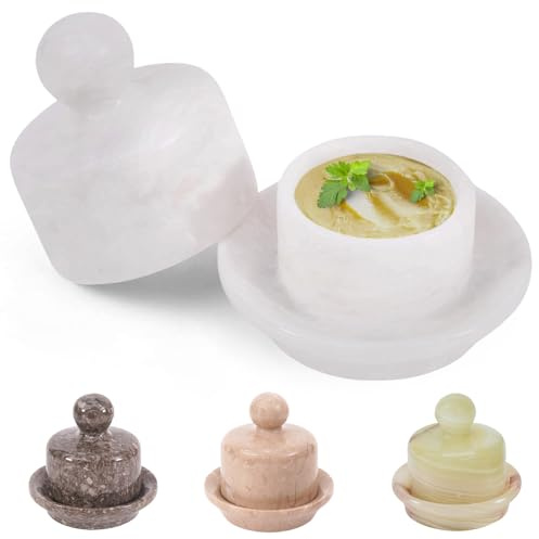 MARBLOUS KRAFTS Marble Mini Butter Dish with Lid 4 Inch White French Butter Crock, Soft Butter Spreader, Butter Keeper for Kitchen Décor and Storage