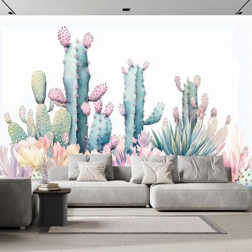 Fototapete 3D Effekt 450×315cm Seidenstoff FüR Wohnzimmer Schlafzimmer Wanddekoration, Aquarell Pflanzen Fototapeten Wandtapete Kaktus Wandbild Fototapete