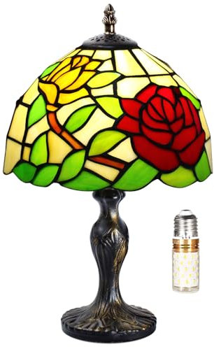 MIAOKE Tiffany Style Tischlampe, VintageTischlampe Handcraft Glasmalerei Lampenschirm Tischlampen für Schlafzimmer Nachttischlampe Arbeitszimmer Office (A Rose)