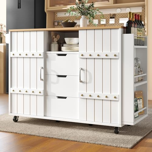 Wyibwy Küchenwagen 110 x 42 x 90 cm, Kücheninsel auf Rollen mit klappbarer Arbeitsplatte, Kücheninsel mit Gewürzhalter und Handtuchhalter, Esstisch mit Schiebetüren und Schubladen, Weiß