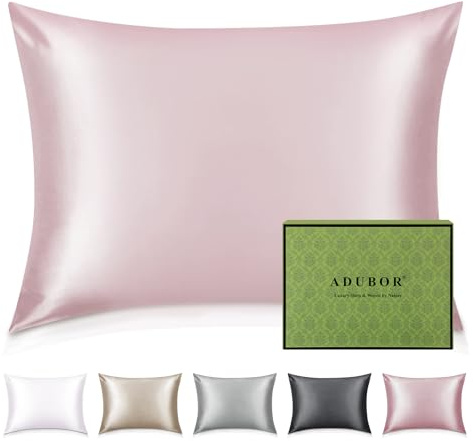Adubor Taie Oreiller 100% Soie pour la Santé des Cheveux et de la Peau | 22 Momme Soie de Mûrier, Grade 6A, avec Fermeture Éclair Dissimulée, 50×70cm, Rose, 1PC