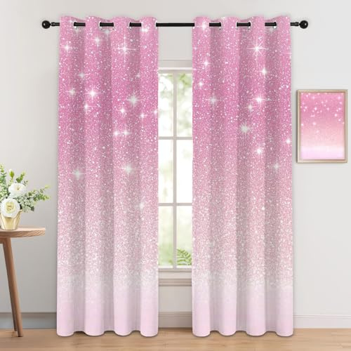 Luxfieo Rosa Glitzer Vorhänge Mädchen Rosa Ombre Prinzessin Vorhang Blickdicht Gardinen 166 cm Hoch Verdunklungsvorhänge mit Ösen Thermovorhang für Wohnzimmer Schlafzimmer Fenster Deko 2er Set