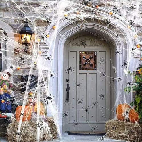 HongChelle 100g Decorazione di Halloween Puntelli Ragnatela, con 60pz Ragni Artificiali, Ragnatele Allungabili, Perfette Per Feste di Halloween, Casa Infestata, Decorazioni per Bar.
