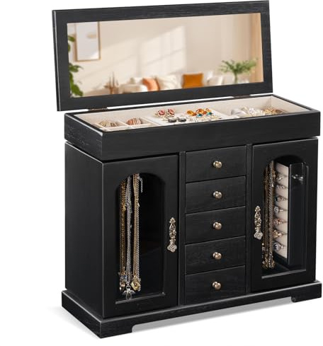 Emfogoo Jewellery Box for Women Girls, Rustic Wooden Large Jewellery Organiser Box with Mirror, 6 Layer Jewellery Storage Case Display for Necklaces Earrings Rings Bracelets (Black)