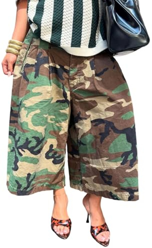 Unybwonn Women Baggy Cargo Jeans Camo Army Fatigue Wide Leg Harem Cropped Denim Pants Plus Size Camouflage Jean Trousers
