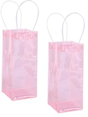 2PCS PVC Ice Wine Bags With Handles Wine Pouchs Waterproof PVC Bottle Gift Bag for Champagne Christmas Party,Pink