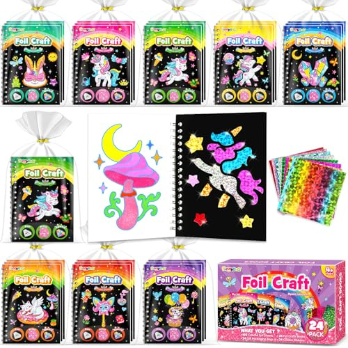 FUNNYB&G 24 Kit Foil Art attività Libri Gadget Compleanno Bambini | 2 in 1 Foil Art Libri da Colorare Bambini Regalini Fine Festa Compleanno, Regalo Giochi Lavoretti Creativi Bambini 4-10 Anni