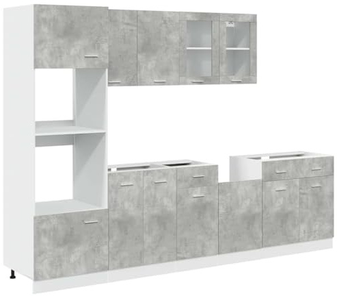 WRJENFSC Juego de muebles de cocina Lyon de 7 piezas, color gris hormigón, juego de muebles de cocina con armarios inferiores, armarios colgantes y conversión de microondas, de madera, espacio de