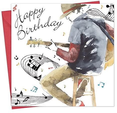 Twizler Geburtstagskarte für Herren, mit Silberfolie, einzigartiger Aquarell-Effekt, Motiv: Musik und Gitarre