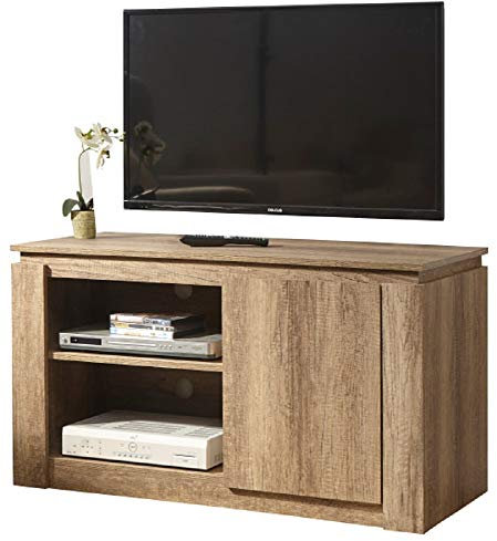 GFW Canyon Oak TV Unit With Display Shelves & Storage Cupboard, Wooden 3D Design Compact Entertainment, Media & TV Stand Cabinet With Rear Cable Entry For Max 90 Inch TV, Wood, Oak, 108 x 45 x 59.5 cm