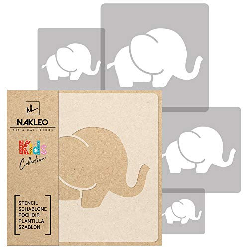 NAKLEO Schablonen Malen für Kinderzimmer, 5 Stück Set 9x9 bis 34x34cm Elefant Säugetier Tier, Wiederverwendbare Kunststoff Malvorlage Raumdekoration, Basteln DIY Wand Möbel Papier Stoff